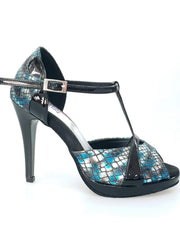 Carica immagine nella Galleria, Scarpa donna Xena (698X) di Wish Dance Shop, sandalo blu e nero con plateau e tacco a spillo, elegante e alla moda