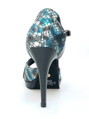 Carica immagine nella Galleria, Sandalo donna Xena (698X) in boa blu e vernice nera con plateau e tacco a spillo, scarpa elegante Wish Dance Shop