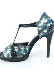 Carica immagine nella Galleria, Sandalo donna Wish Dance Shop Xena in boa blu e vernice nera con plateau e tacco a spillo, elegante e alla moda.