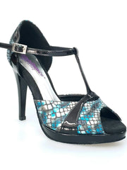 Carica immagine nella Galleria, Sandalo donna Xena (698X) in boa blu e vernice nero con plateau e tacco a spillo, scarpa elegante Wish Dance Shop