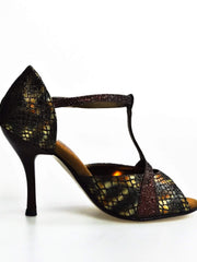 Cargar imagen en la Galería, Sandalo donna Xena (698) in boa bronzo e glitter marrone con tacco slim, scarpa elegante Wish Dance Shop