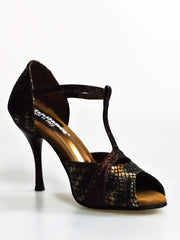 Cargar imagen en la Galería, Sandalo donna Xena (698) Wish Dance Shop in boa bronzo e glitter marrone con tacco slim, scarpa elegante e alla moda