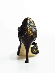 Cargar imagen en la Galería, Sandalo da donna Xena (698) in boa bronzo e glitter marrone con tacco slim, scarpa elegante Wish Dance Shop.