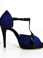 Carica immagine nella Galleria, Sandalo donna Xena (698X) in camoscio blu e vernice nera con plateau e tacco a spillo, scarpa elegante Wish Dance Shop