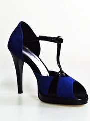 Carica immagine nella Galleria, Sandalo donna Xena (698X) in camoscio blu e vernice nera con plateau e tacco a spillo, scarpa Wish Dance Shop