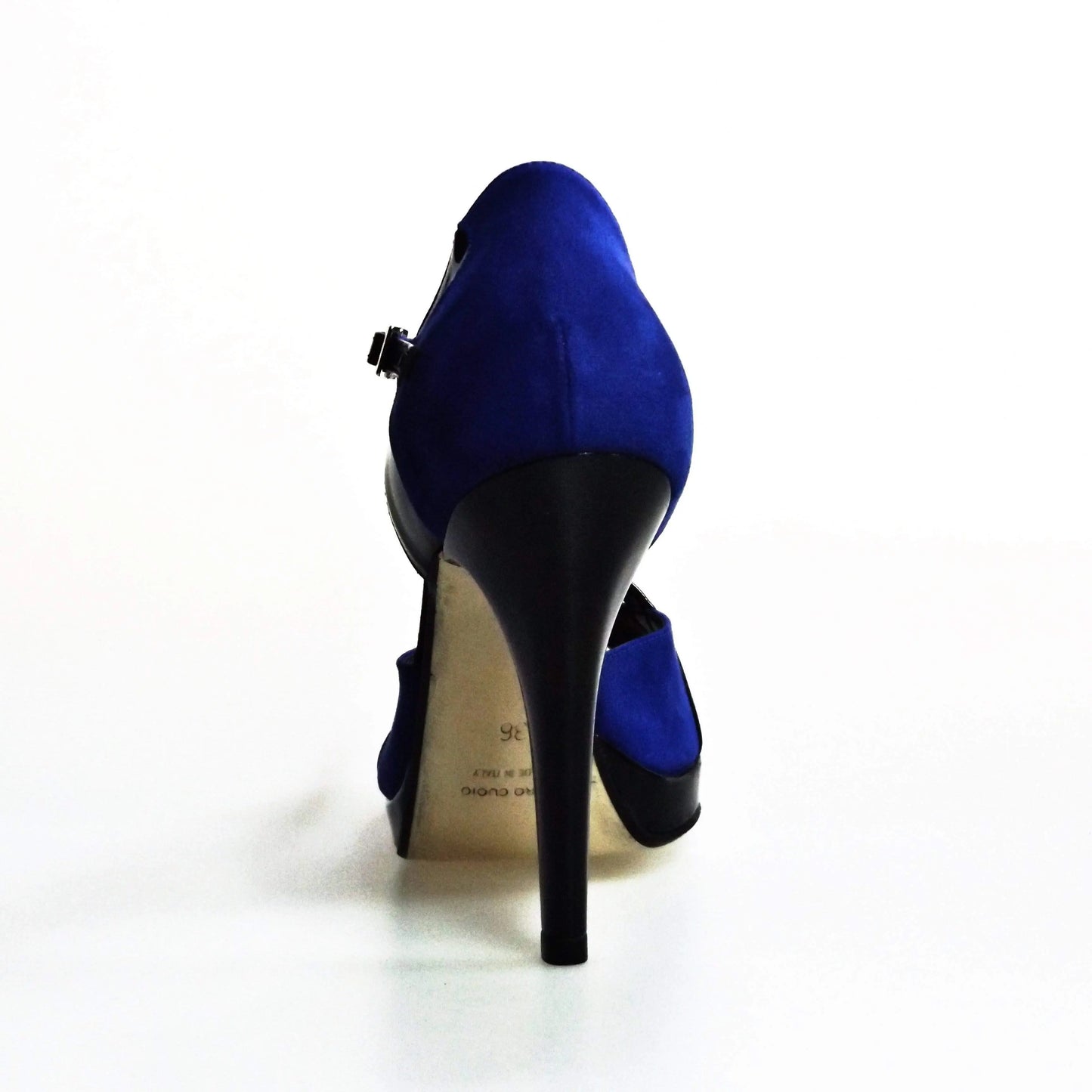 Sandalo da donna Wish Dance Shop Xena 698X in camoscio blu e vernice nera con plateau e tacco a spillo.