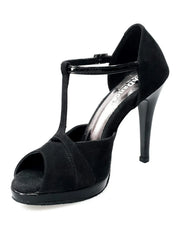 Carica immagine nella Galleria, Sandalo da donna Xena in camoscio e vernice nera con plateau e tacco a spillo, scarpa Wish Dance Shop.