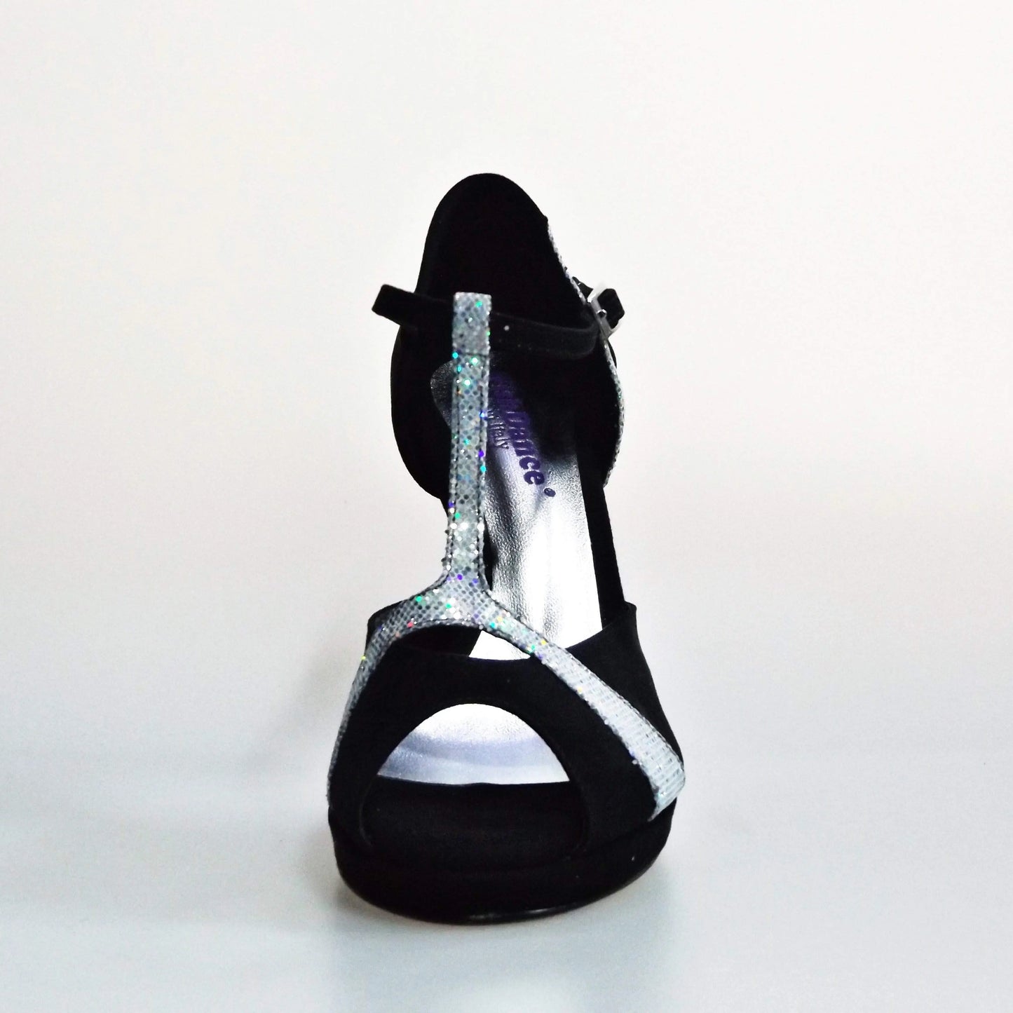 Sandalo da donna Wish Dance Shop Xena (698X) in camoscio nero e glitter argento con plateau e tacco a spillo.