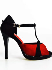 Carica immagine nella Galleria, Sandalo da donna Xena (698X) in camoscio rosso e nero con plateau e tacco a spillo, scarpa elegante Wish Dance Shop
