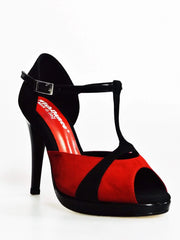 Carica immagine nella Galleria, Scarpa da donna Xena (698X) in camoscio rosso e nero con plateau e tacco a spillo, elegante scarpa Wish Dance Shop