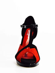 Carica immagine nella Galleria, Sandalo donna Xena (698X) in camoscio rosso e nero con plateau e tacco a spillo, scarpa elegante Wish Dance Shop