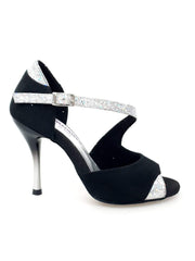 Load image into Gallery viewer, Anita (731) - Woman's Sandal in Black Suede and Silver Prism with Slim Heel