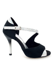 Carica immagine nella Galleria, ANIA (731) - Sandalo da Donna in Camoscio Nero e Prisma Boreale Argento con Tacco a Spillo di Vernice Sfumata Grigio e Nero Wish Dance Shop