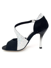 Carica immagine nella Galleria, ANIA (731) - Sandalo da Donna in Camoscio Nero e Prisma Boreale Argento con Tacco a Spillo di Vernice Sfumata Grigio e Nero Wish Dance Shop