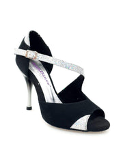 Load image into Gallery viewer, Anita (731) - Woman's Sandal in Black Suede and Silver Prism with Slim Heel