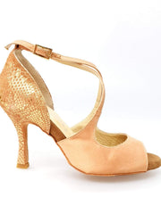 Carica immagine nella Galleria, Sandalo donna Adriana in raso carne con tacco rocchetto in camoscio pitone oro, fodera in vera pelle, elegante e raffinato.