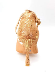 Carica immagine nella Galleria, Sandalo da donna Adriana Wish Dance Shop in raso carne con tacco a rocchetto e dettagli in camoscio pitone oro, fodera in vera pelle