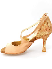 Carica immagine nella Galleria, Sandalo da donna Adriana Wish Dance Shop in raso carne, con tacco e tallone in camoscio pitone dorato, fodera in vera pelle.