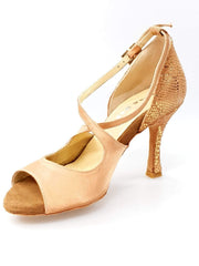 Carica immagine nella Galleria, Sandalo donna Adriana Wish Dance Shop in raso carne con tacco a rocchetto in camoscio pitone oro, Vera pelle foderata.
