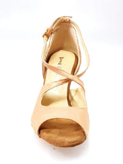 Carica immagine nella Galleria, Sandalo donna Adriana Wish Dance Shop in raso carne con tacco a rocchetto e dettagli in camoscio pitone oro.