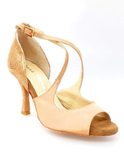 Carica immagine nella Galleria, Sandalo donna Adriana in raso carne con tacco a rocchetto e dettagli in camoscio pitone oro, fodera in vera pelle.