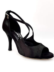 Cargar imagen en la Galería, Sandalo donna Adriana di Wish Dance Shop in raso nero, con fodera in vera pelle, scarpa elegante e confortevole.