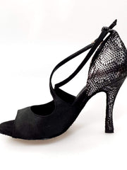 Cargar imagen en la Galería, Sandalo donna Adriana Wish Dance Shop in raso nero con tacco e tallone in camoscio pitone silver, fodera in vera pelle.