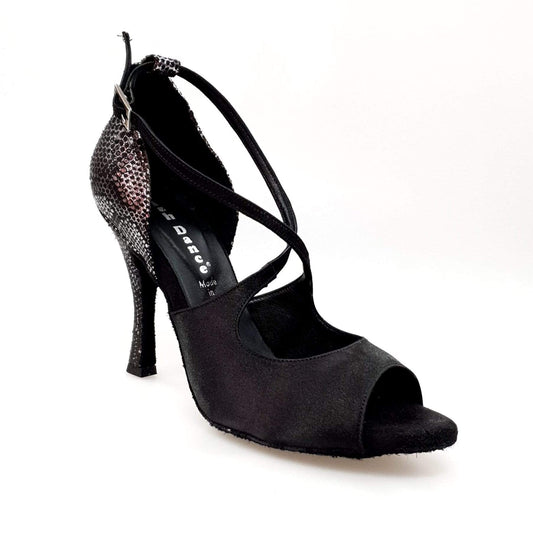 Sandalo donna Adriana Wish Dance Shop in raso nero con tacco e tallone in camoscio pitone argento, fodera in vera pelle.