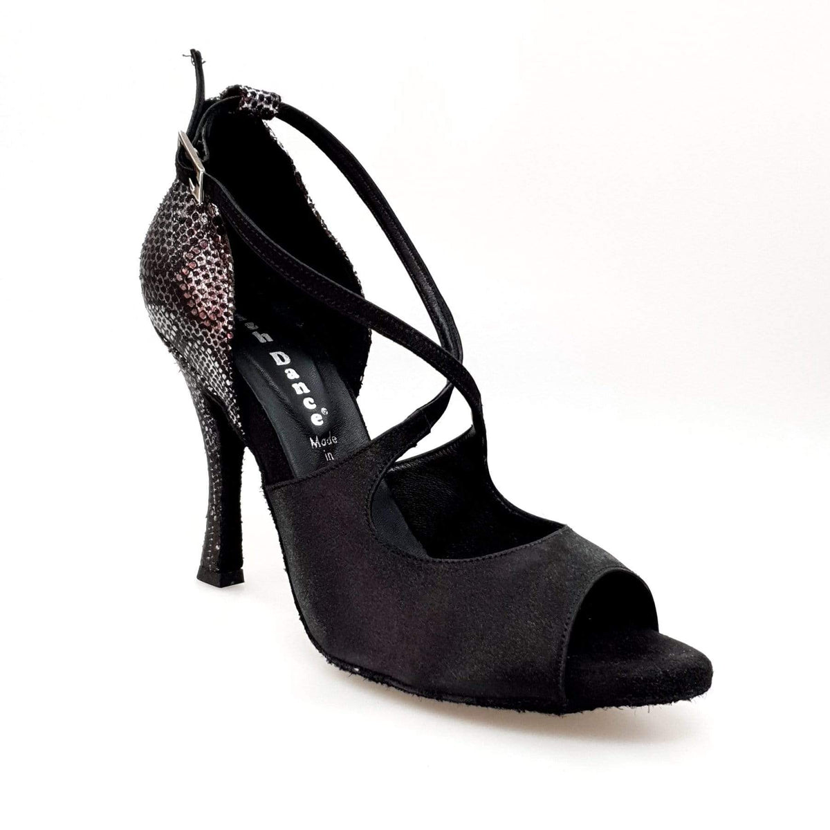 Sandalo donna Adriana Wish Dance Shop in raso nero con tacco e tallone in camoscio pitone argento, fodera in vera pelle.