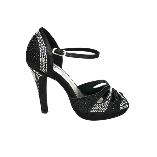 Scarpa da ballo Alexa Wish Dance Shop in raso nero con Swarovski boreali, tacco alto, spillo largo e plateau flex.