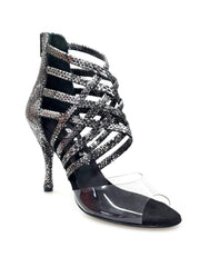 Load image into Gallery viewer, Alice - Woman's Sandal in Silver Python with Front Upper in Plexiglass and Slim Heel