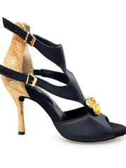 Carica immagine nella Galleria, Anna - Sandalo da Donna in Pelle Nera e Tallone in Pelle Pitonata Oro con con inserto Spilla in pietre colorate Swarovski