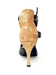Carica immagine nella Galleria, Anna - Sandalo da Donna in Pelle Nera e Tallone in Pelle Pitonata Oro con con inserto Spilla in pietre colorate Swarovski Outlet