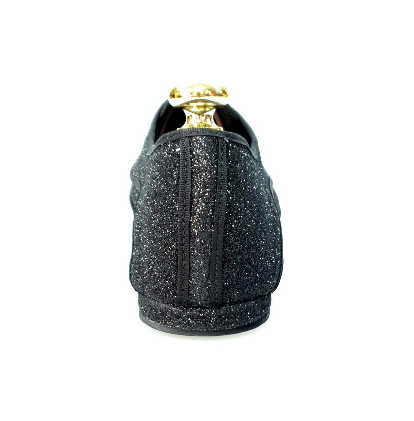 Scarpa Jazz Plus Billie New York in glitter nero con profilo nero, elegante calzatura da ballo, vista frontale.