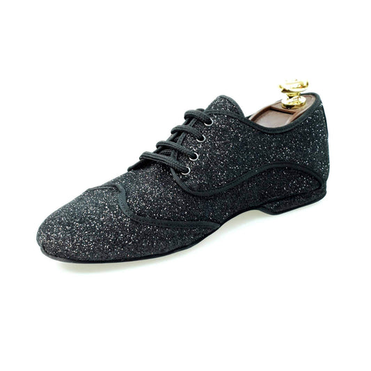 Scarpa jazz Billie New York Jazz Plus in glitter nero con profilo nero, scarpa da ballo elegante e brillante.