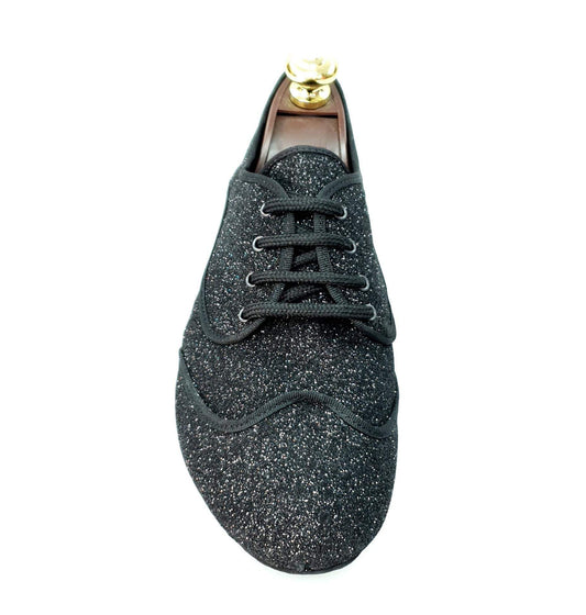 Scarpa jazz Billie New York Jazz Plus in glitter nero con profilo nero, scarpe da ballo eleganti e brillanti.
