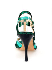 Carica immagine nella Galleria, Sandalo donna D'orsay 1587 in laminato verde con fiocco e tacco a spillo smaltato nero, modello elegante e sofisticato