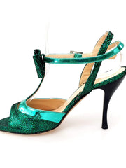Carica immagine nella Galleria, Sandalo donna D'orsay 1587 in pelle laminata verde con fiocco, tacco a spillo nero, modello elegante e alla moda