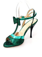 Carica immagine nella Galleria, Sandalo da donna D'orsay 1587 in pelle laminata verde con fiocco e tacco a spillo smaltato nero, modello elegante.