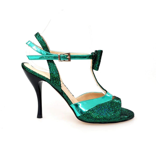 Sandalo donna D'orsay 1587 in pelle laminata verde con fiocco e tacco a spillo smaltato nero, stile elegante e femminile
