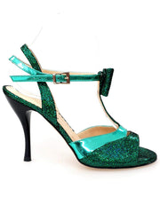 Carica immagine nella Galleria, Sandalo donna D'orsay 1587 in pelle laminata verde con fiocco e tacco a spillo smaltato nero, stile elegante e femminile