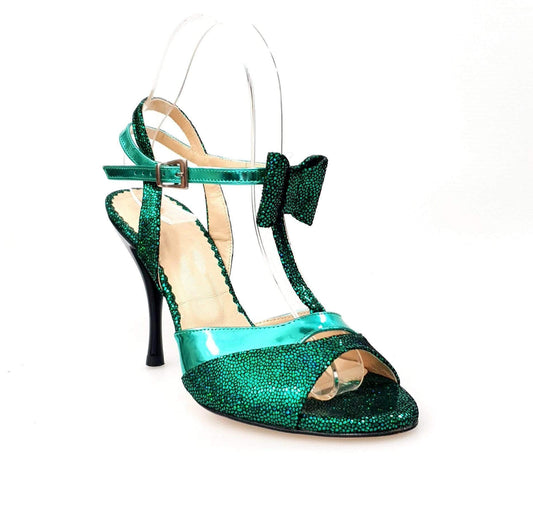 Sandalo da donna D'orsay 1587 in pelle laminata verde con fiocco e tacco a spillo smaltato nero.