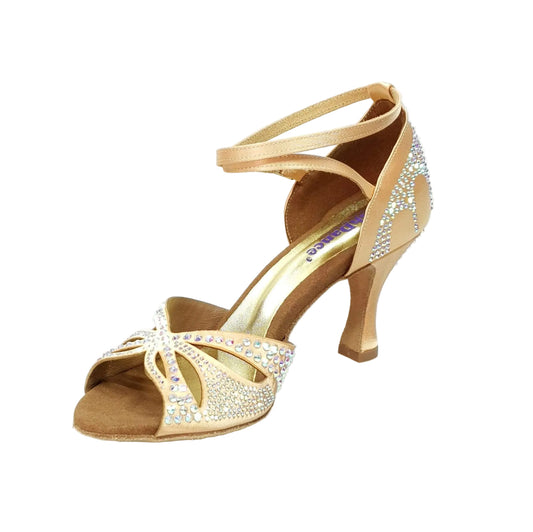 Scarpa da ballo in raso seta carne con Swarovski e tacco a rocchetto, stile Deluxe Butterfly di Wish Dance Shop.
