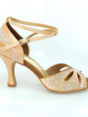 Load image into Gallery viewer, Wish Dance Shop Deluxe - Scarpa da Ballo in Raso Seta Carne con Swarovski e Tacco a Rocchetto