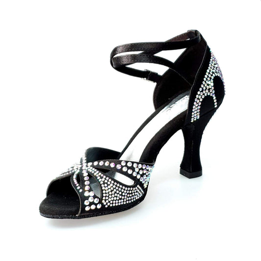 Scarpa da ballo in raso seta nera Wish Dance Shop con Swarovski e tacco a rocchetto, elegante e raffinata.