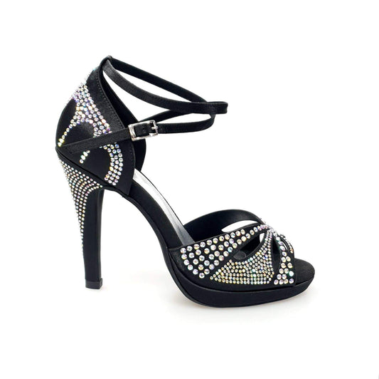 Scarpa da ballo Deluxe Plus Wish Dance Shop in raso seta nera con Swarovski, tacco alto a spillo largo e plateau flessibile