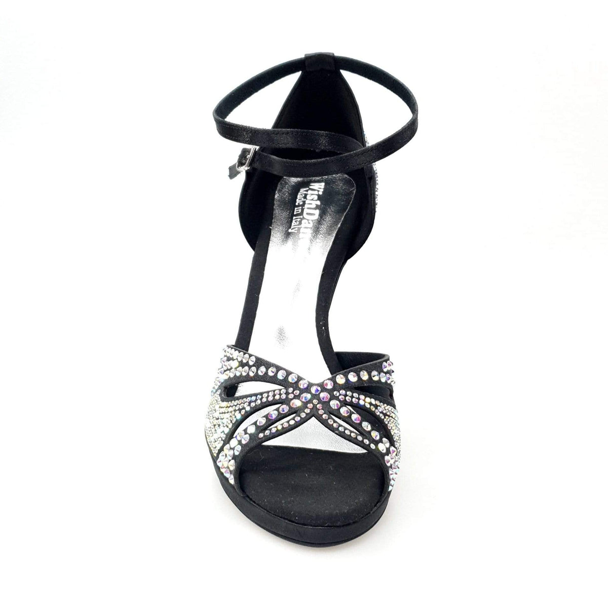 Scarpa da ballo in raso seta nera Wish Dance Shop Deluxe Plus con Swarovski, tacco alto a spillo e plateau flessibile.