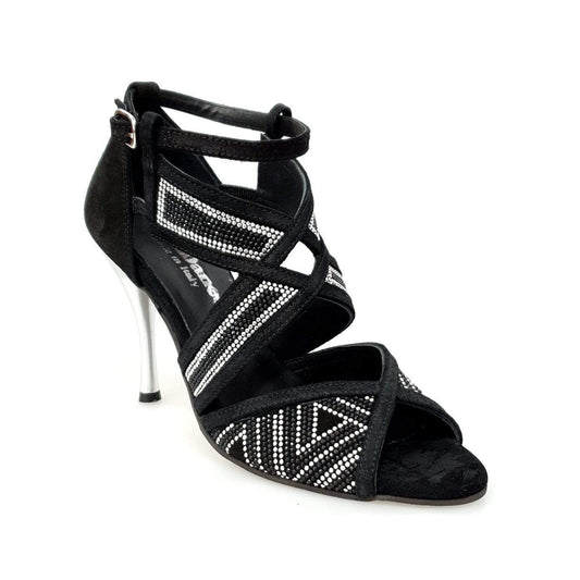 Scarpa da donna JULIJA (Glam) in camoscio nero con miniborchie argento e Swarovski neri, tacco a spillo laminato argento.