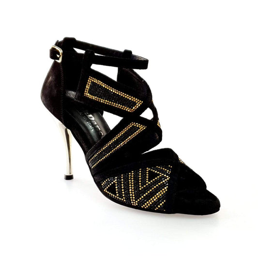 Scarpa da donna Julija Glam in camoscio nero con miniborchie oro, Swarovski neri e tacco a spillo laminato oro
