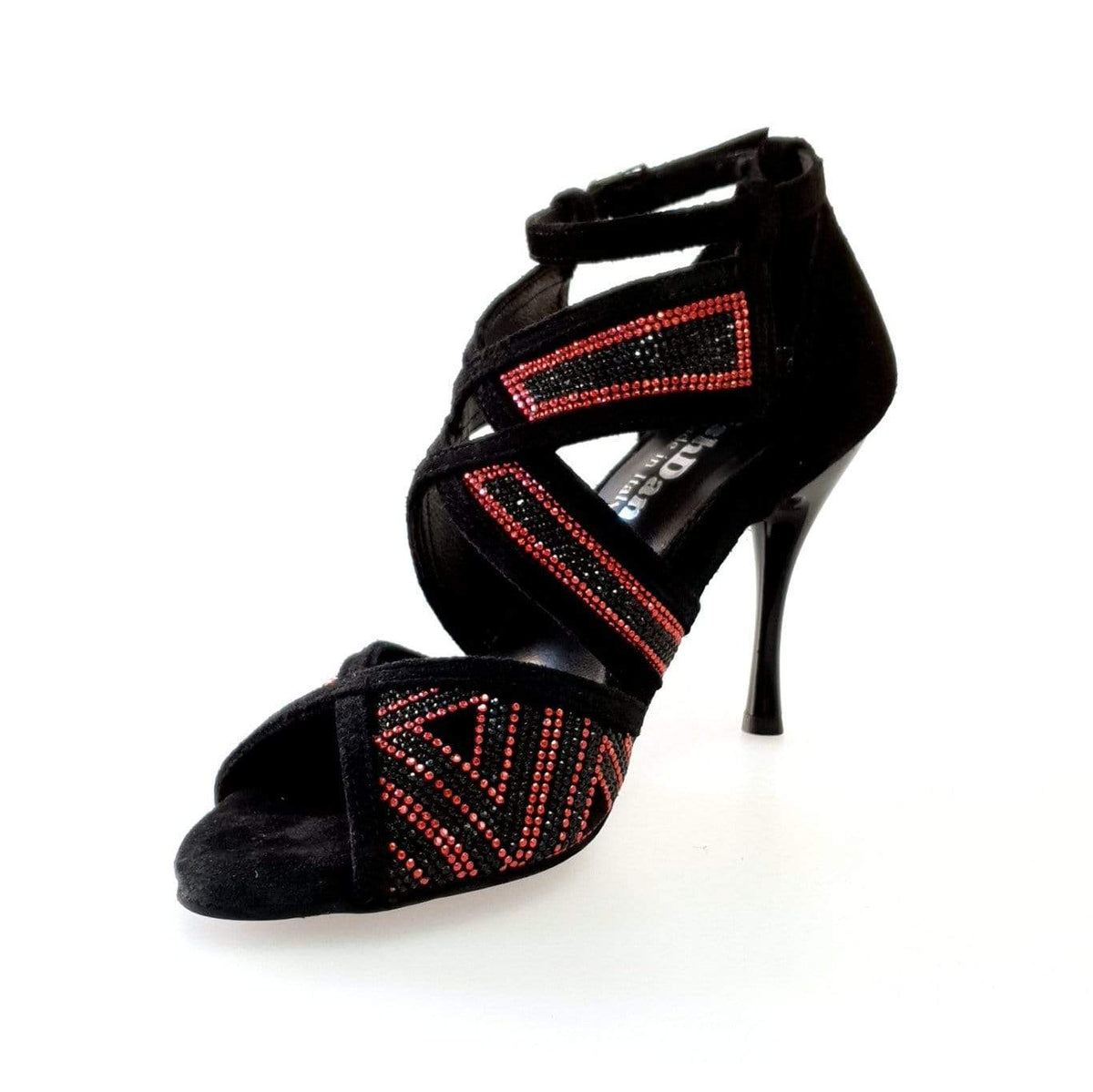 Scarpa da donna in Camoscio Nero e Miniborchie Rosse e Swarovski Neri JULIJA Wish Dance, vista frontale